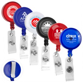 Promotional "Lorain VL" Round Retractable Badge Reel & Badge Holder w/Metal Slip Clip Backing (Spot Color)