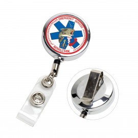 Logo Branded "Dublin Chrome" Full-Color Solid Metal Retractable Badge Reel & Badge Holder (Overseas)