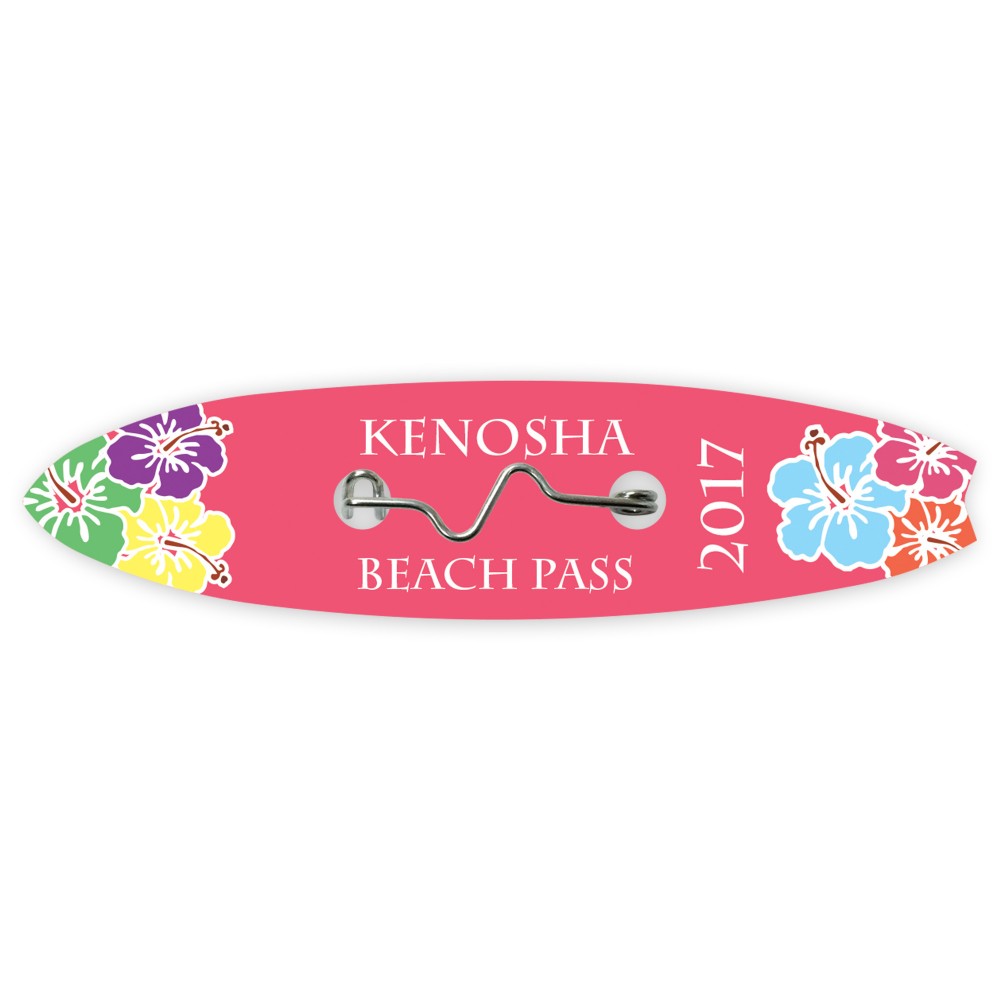 Laminated Beach/Resort Badge/Permit/Admission w/ Crimp Pin (Surfboard Shape) with Logo