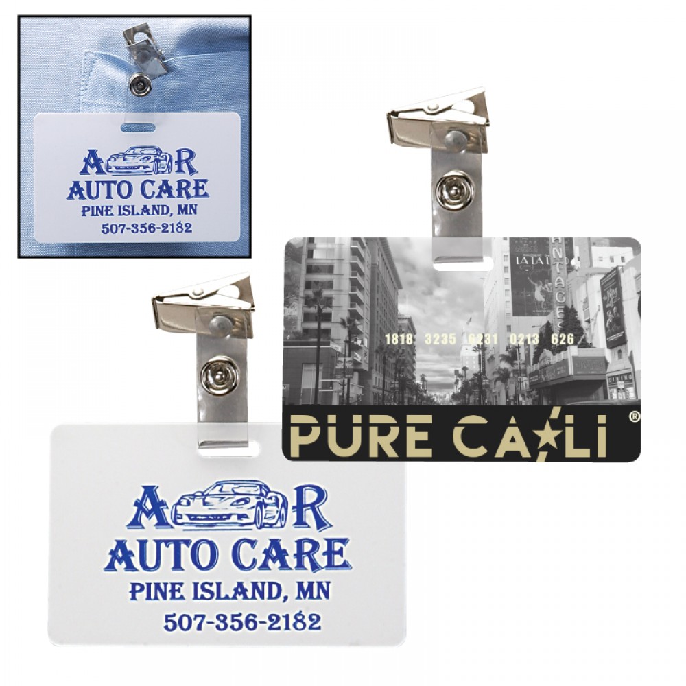 Custom Printed Horizontal Plastic ID Card w/Badge Clip