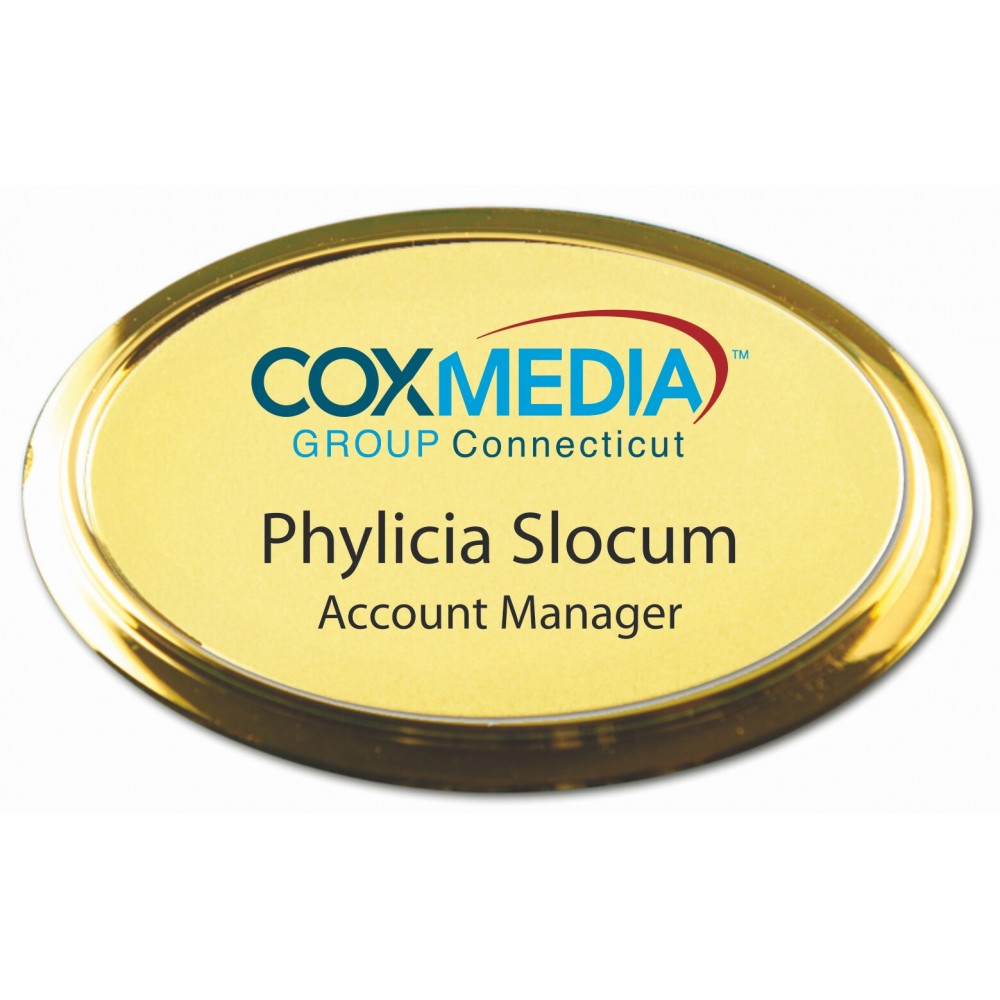 Gold Framed Oval Name Badge with Full Color Imprint & Personalization (2 3/4" x 1 7/8") with Logo Gold Framed Oval Name Badge with Full Color Imprint & Personalization (2 3/4" x 1 7/8") with Logo