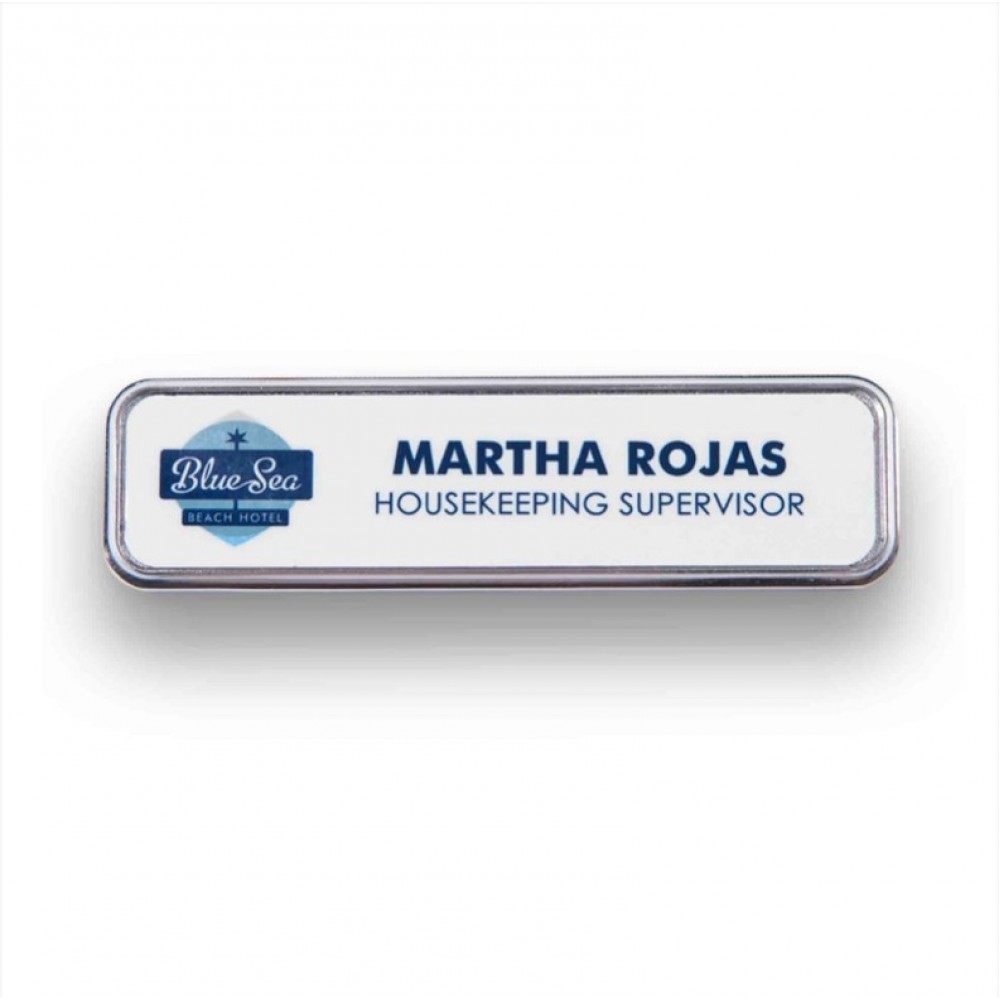Executive Line Metal Frame Badge -White on Silver - 5/8"x2.5" - USA Made Custom Imprinted Executive Line Metal Frame Badge -White on Silver - 5/8"x2.5" - USA Made Custom Imprinted