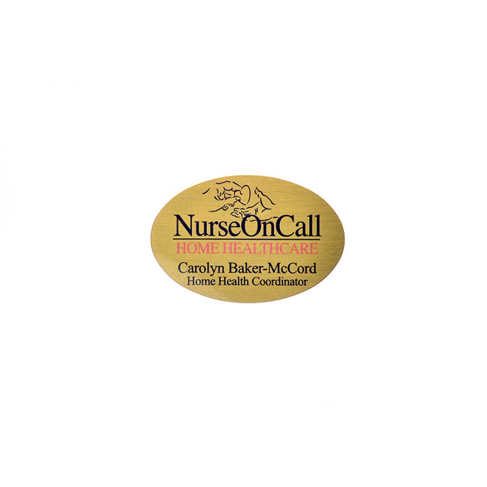 Full Color Professional Metal Sublimation Badge - Gold Aluminum - Oval - USA Made Logo Imprinted Full Color Professional Metal Sublimation Badge - Gold Aluminum - Oval - USA Made Logo Imprinted
