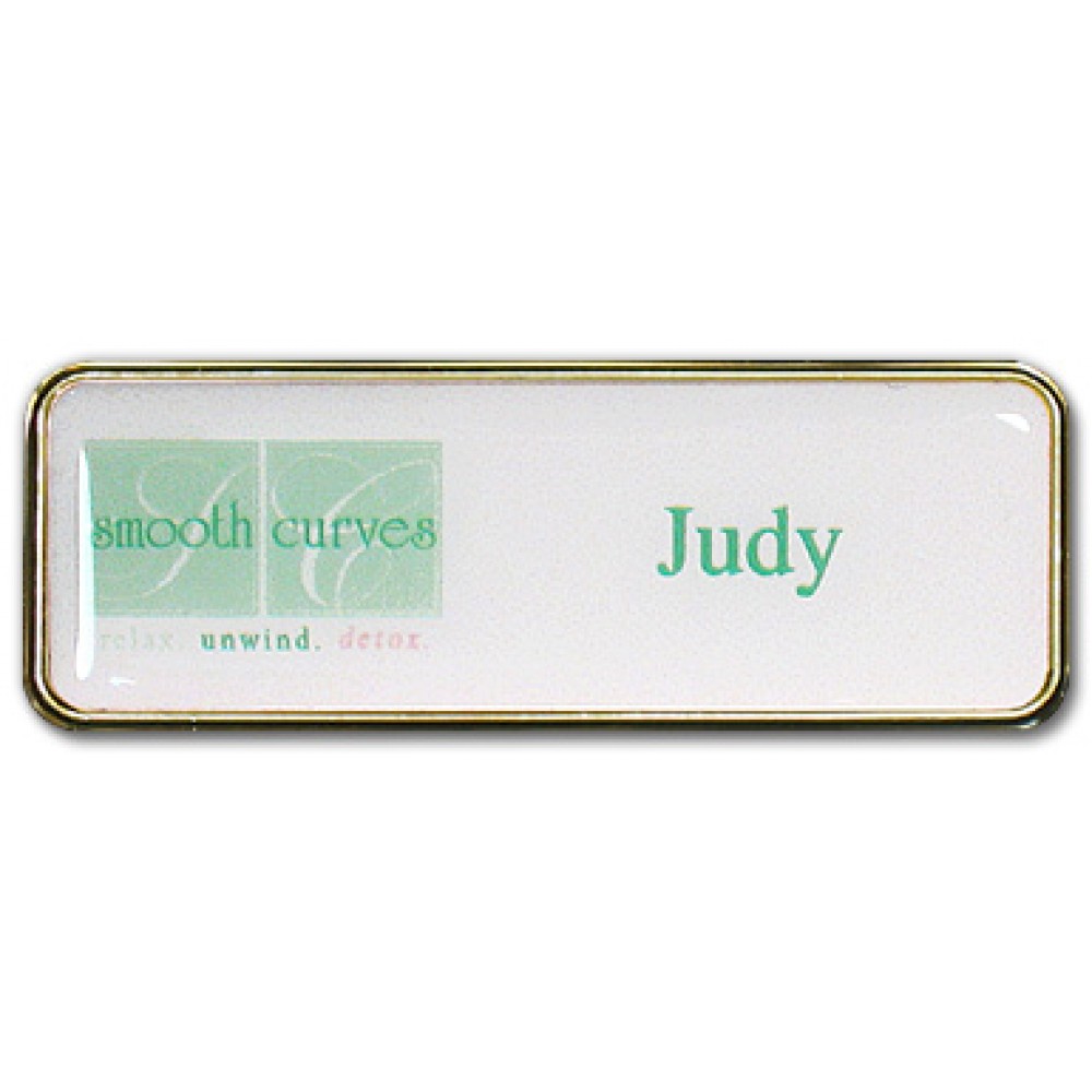 Executive Line Metal Frame Badge - White on Gold Frame - 1"x3" - USA Made Custom Imprinted Executive Line Metal Frame Badge - White on Gold Frame - 1"x3" - USA Made Custom Imprinted