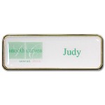 Executive Line Metal Frame Badge - White on Gold Frame - 1"x3" - USA Made Custom Imprinted