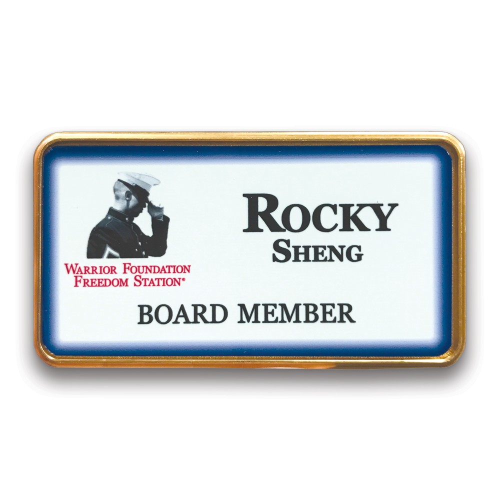 Executive Line Metal Frame Badge - White on Gold - 1 3/8"x2 3/4" - USA Made Logo Imprinted Executive Line Metal Frame Badge - White on Gold - 1 3/8"x2 3/4" - USA Made Logo Imprinted
