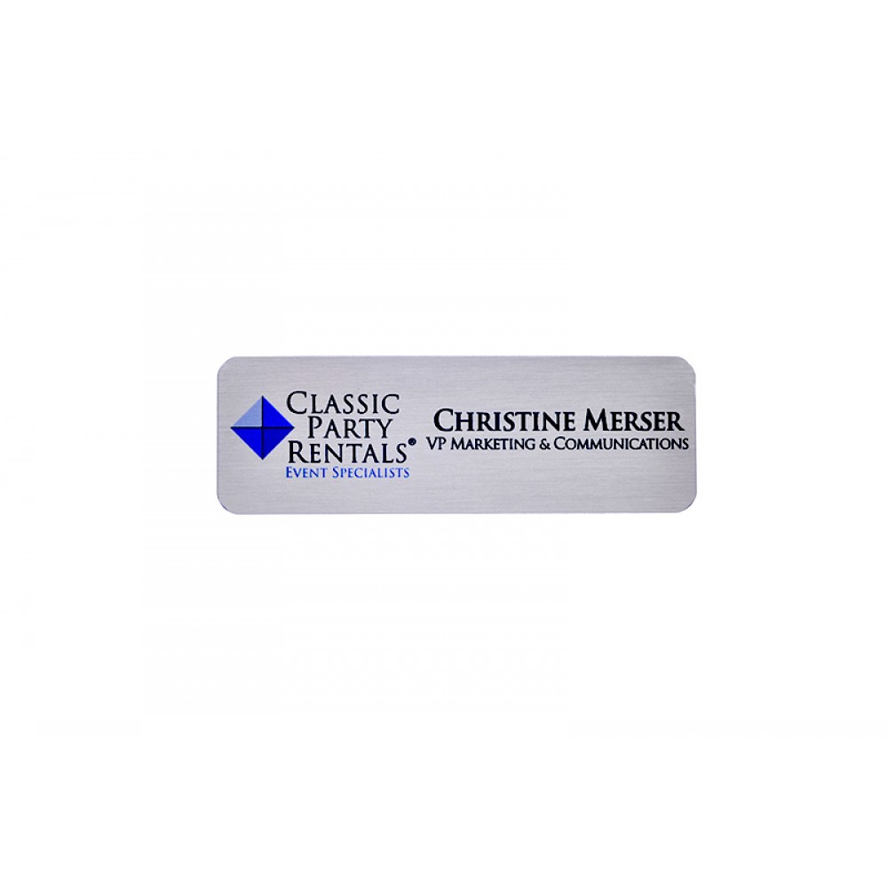 Custom Imprinted Full Color Professional Metal Sublimation Badge - Silver Aluminum - 1"x3" - USA Made Custom Imprinted Full Color Professional Metal Sublimation Badge - Silver Aluminum - 1"x3" - USA Made