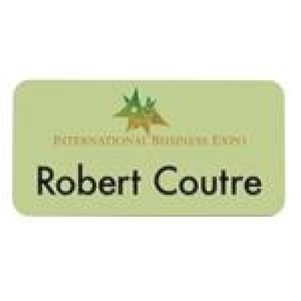 Logo Branded 3" x 1-1/2" Plastic Badge, Full-Color and Engraved Imprint