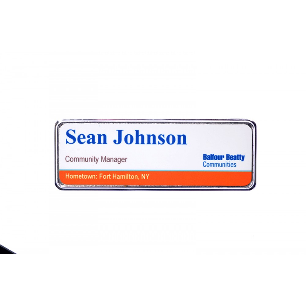 Executive Line Metal Frame Badge - White on Silver Frame - 1"x3" - USA Made Custom Printed Executive Line Metal Frame Badge - White on Silver Frame - 1"x3" - USA Made Custom Printed