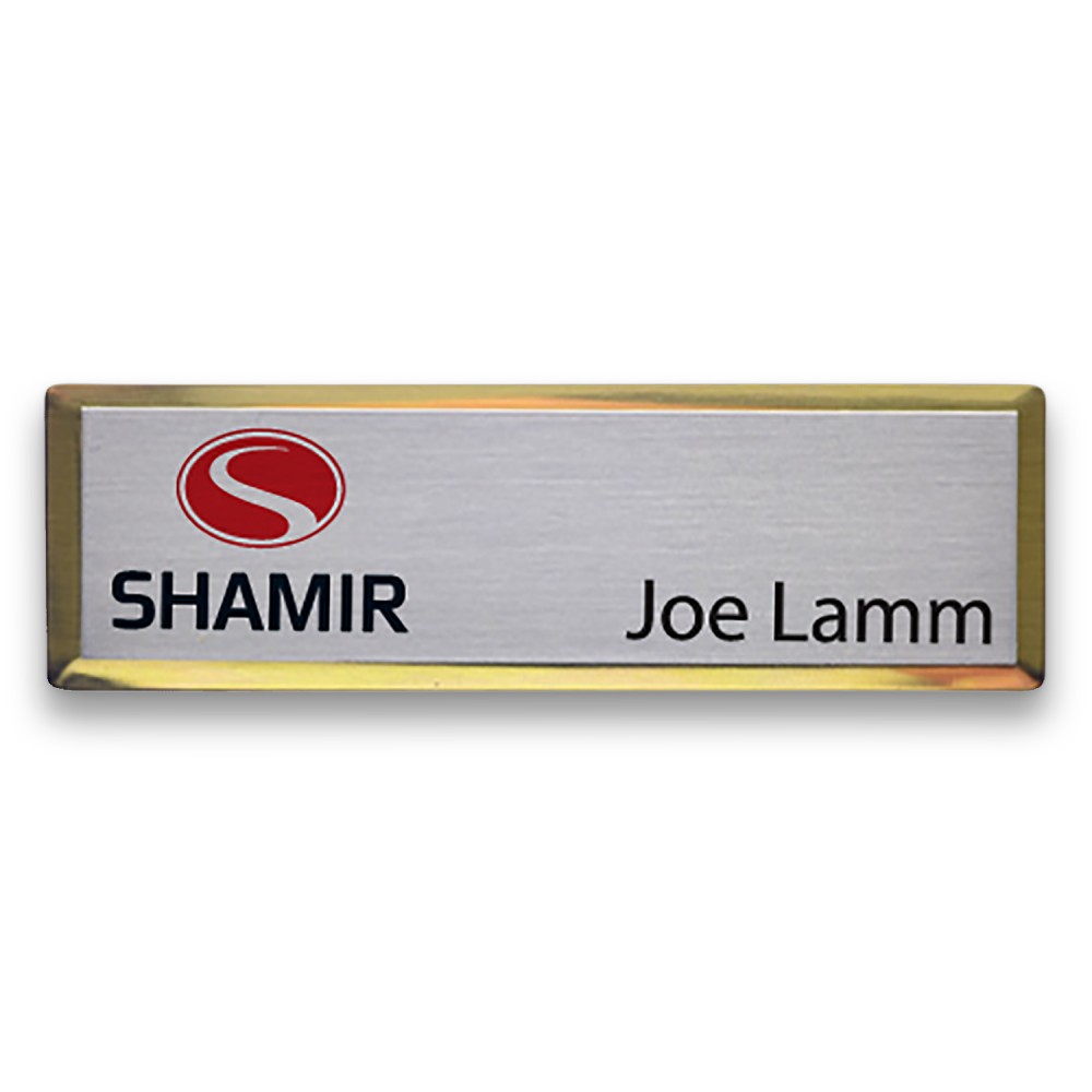 Executive Line Beveled Badge w/ Aluminum Insert - Silver/Gold - 1"x3" - USA Made Logo Imprinted Executive Line Beveled Badge w/ Aluminum Insert - Silver/Gold - 1"x3" - USA Made Logo Imprinted