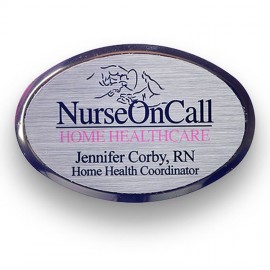 The Athena Executive Oval full color metal name badge 1 11/16" X 2 9/16" with Logo