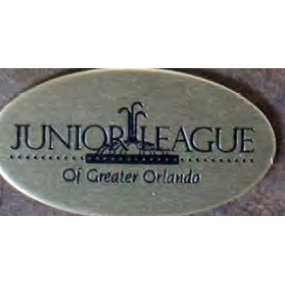 Promotional 1"x 1 13/16" Oval Aluminum Badge w/ a Die struck/Color filled imprint and a pin back attachment. USA