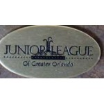 Promotional 1"x 1 13/16" Oval Aluminum Badge w/ a Die struck/Color filled imprint and a pin back attachment. USA