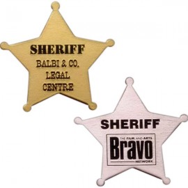 2 1/4" x 2 1/4" Five Point Star Badge w/ a Die struck/Color filled imprint and pin back attachment. Custom Printed