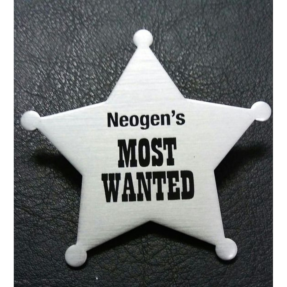 Custom Imprinted 2 1/4" x 2 1/4" Five Point Star Badge w/ a full color, sublimated imprint and pin back attachment. Custom Imprinted 2 1/4" x 2 1/4" Five Point Star Badge w/ a full color, sublimated imprint and pin back attachment.
