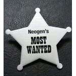 Custom Imprinted 2 1/4" x 2 1/4" Five Point Star Badge w/ a full color, sublimated imprint and pin back attachment.