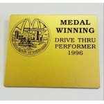 3" x 2 1/8" Aluminum Badge w/ rounded corners, pin back attachment and a screen printed imprint. USA with Logo