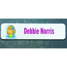 3" x 3/4" Aluminum Badge w/ rounded corners, pin back and a full color, sublimated imprint. USA with Logo