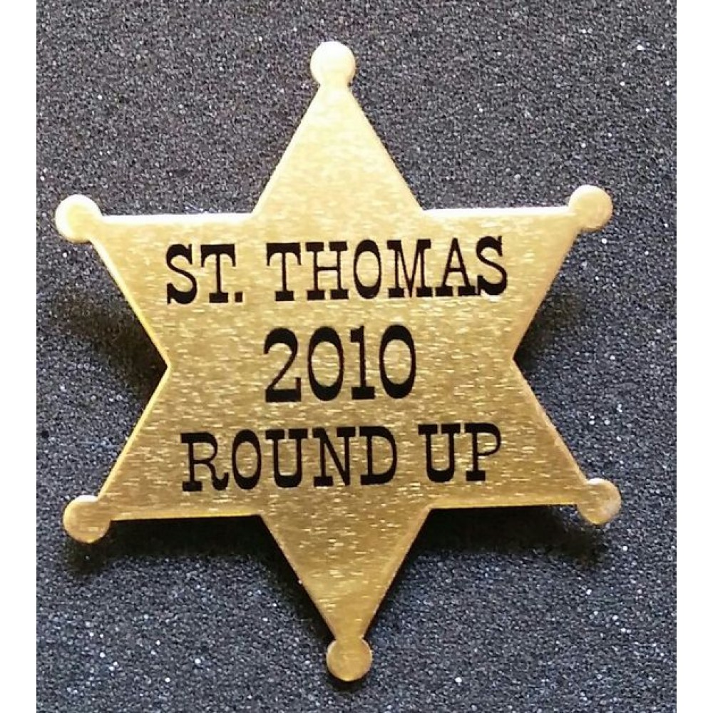 2 1/4"x 2 5/8" Six Point Star Badge w/a Die Struck/Color Filled imprint and pin back attachment. USA Custom Imprinted 2 1/4"x 2 5/8" Six Point Star Badge w/a Die Struck/Color Filled imprint and pin back attachment. USA Custom Imprinted