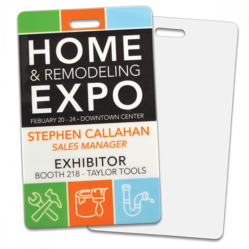 Rectangular Xpress Permanent Event Name Badges, 4-Color Front, Blank Back, 5 sizes with Logo