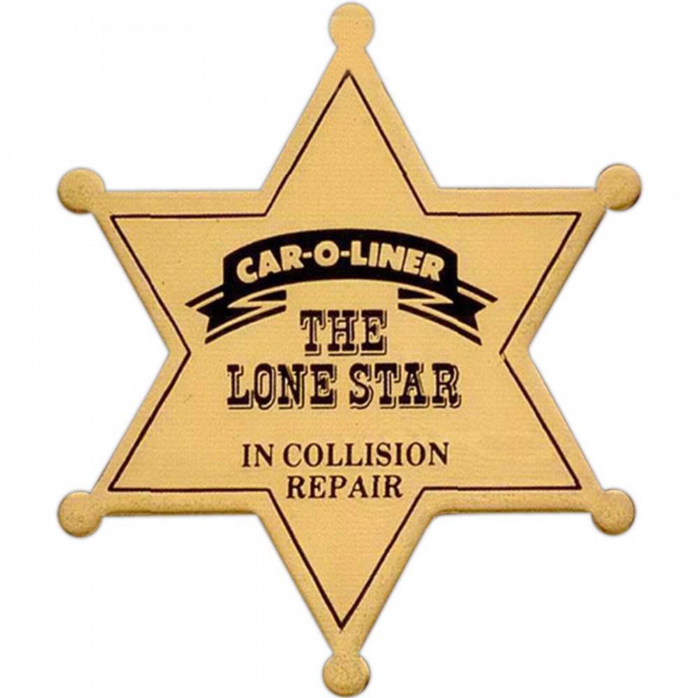 2 1/4" x 2 5/8" Six Point Star Badge w/ an epoxy screen printed imprint and pin back attachment. USA Custom Imprinted 2 1/4" x 2 5/8" Six Point Star Badge w/ an epoxy screen printed imprint and pin back attachment. USA Custom Imprinted
