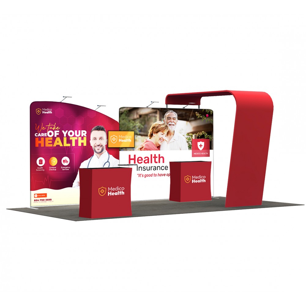 20' Inline Trade Show Booth  Full Graphic Wall Setup with Product Display Counters with Logo