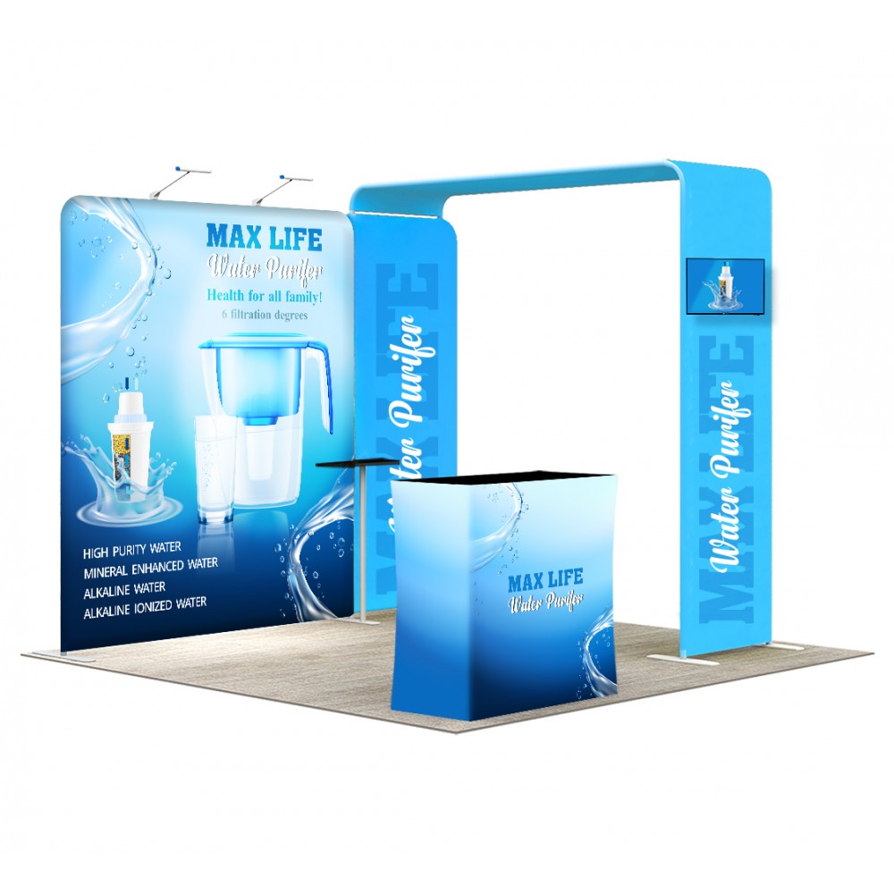 10' Inline Trade Show Booth  Portable Backwall Display with LED Lights & Counter with Logo