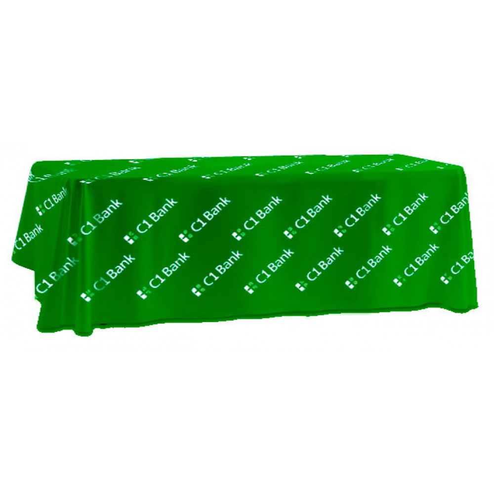 Sublimated PREMIUM Table Cloth for 8' Table, Drape Style, 3 sided, Open Back, Rounded corners with Logo