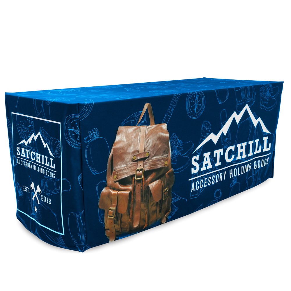 Sublimated PREMIUM Box Style Fitted Table Cloth, 6' Table, Premium Fabric, 4 sided, Closed back with Logo