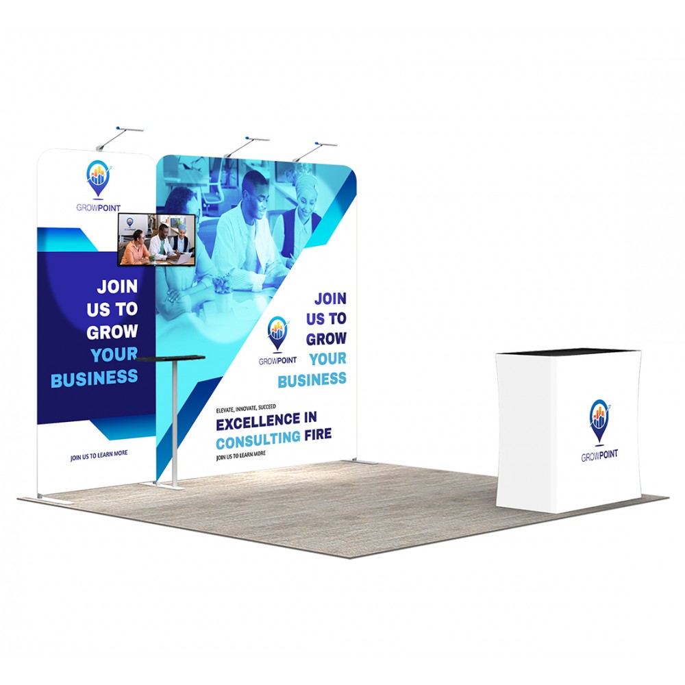 10' Inline Trade Show Booth  Modular Display with LED Lights, Monitor Mount & Counter with Logo