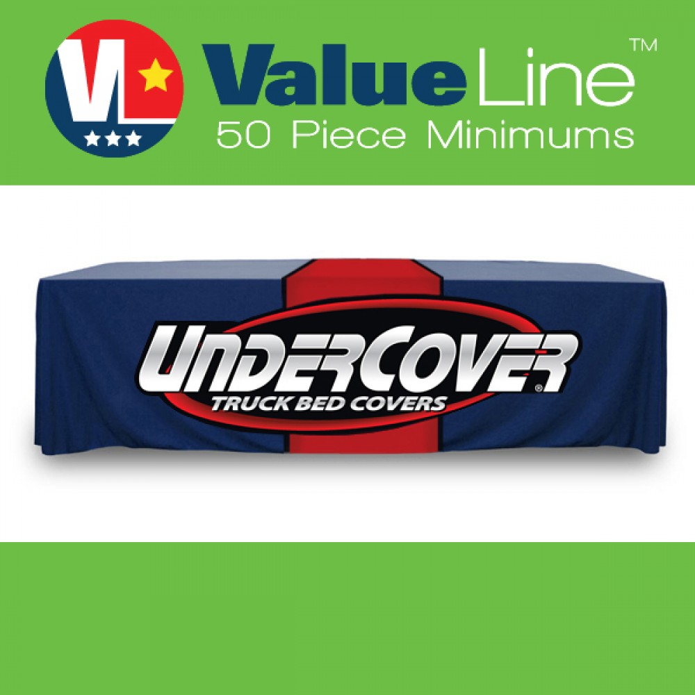 8 ft. Standard PolyPoplin Throw style Value Line table covers with digital print. Requires 50 Custom Imprinted 8 ft. Standard PolyPoplin Throw style Value Line table covers with digital print. Requires 50 Custom Imprinted