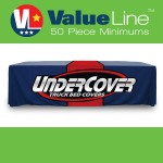 8 ft. Standard PolyPoplin Throw style Value Line table covers with digital print. Requires 50 Custom Imprinted