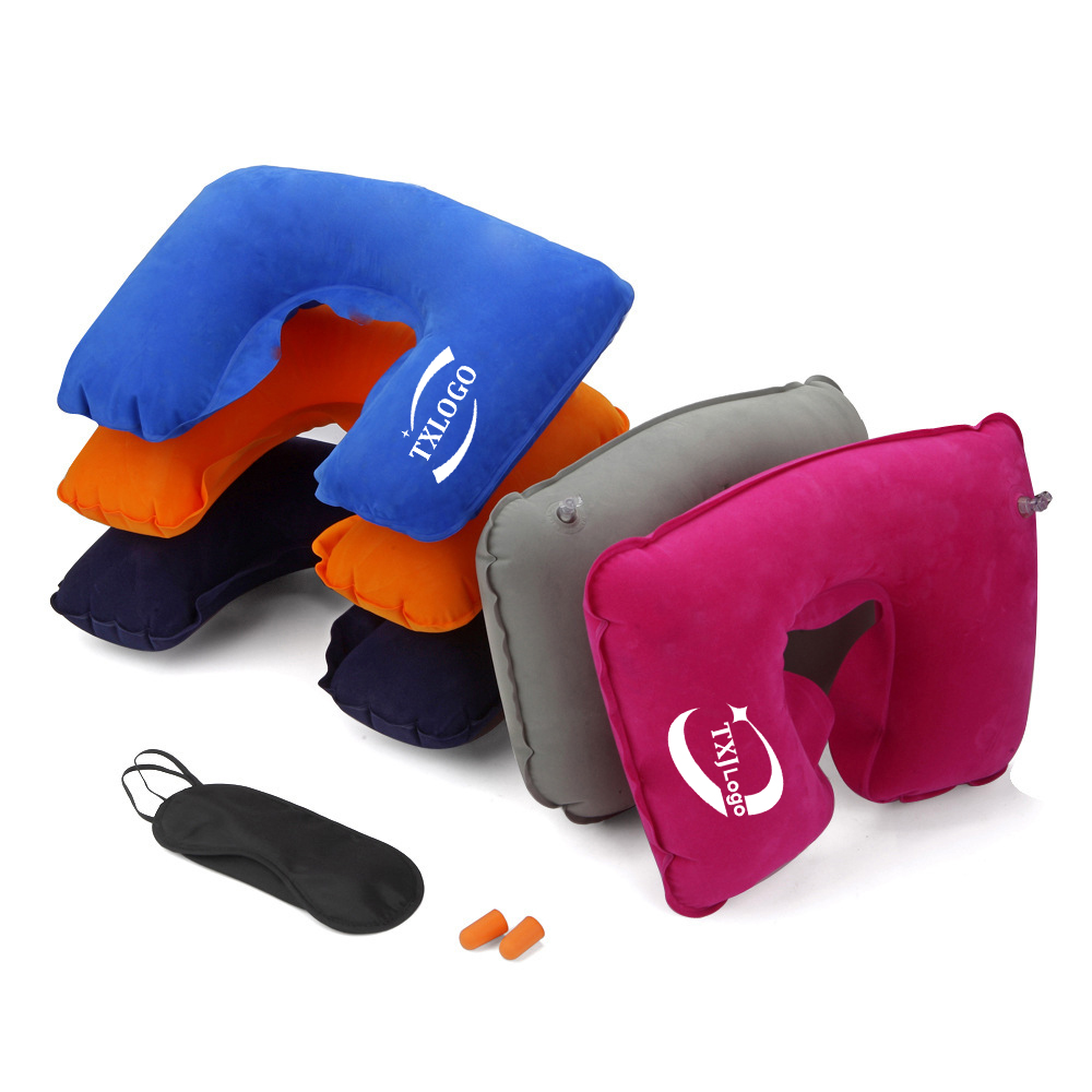Inflatable Travel Neck Pillow w/ Eye Mask, Ear Plug with Logo