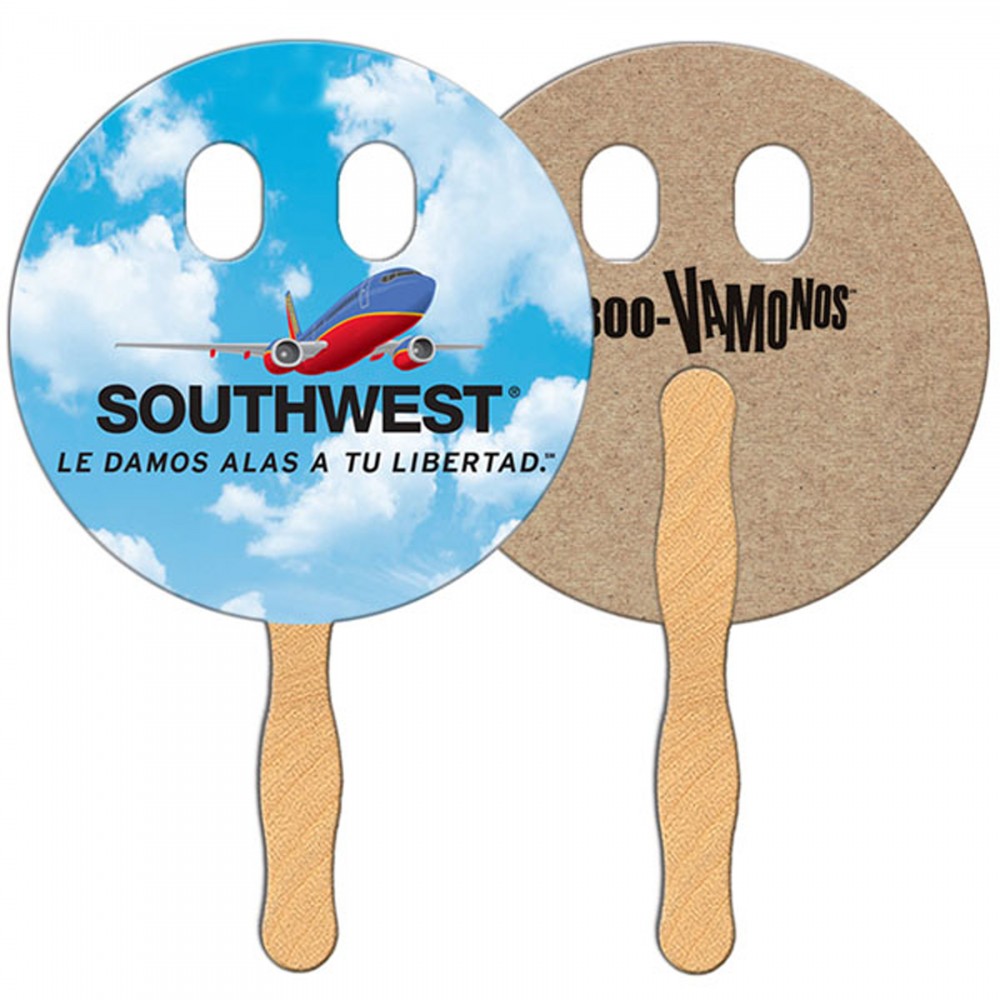 Circle w/ Cut Out Eyes Recycled Hand Fan Logo Branded Circle w/ Cut Out Eyes Recycled Hand Fan Logo Branded