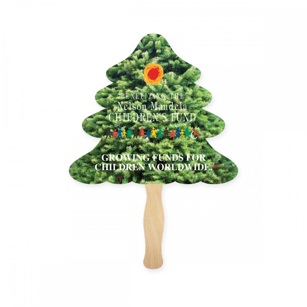 Evergreen Tree Shape Full Color Two Sided Single Paper Hand Fan with Logo