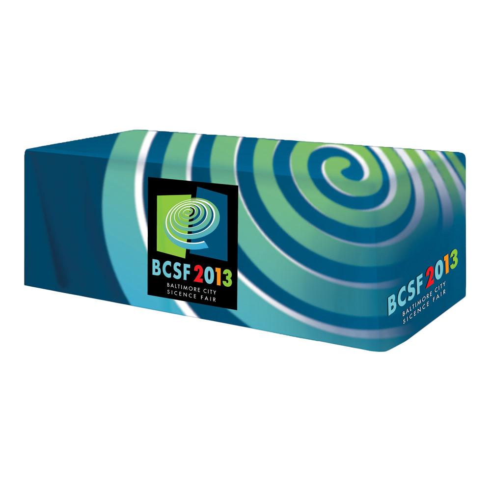 Logo Branded All Over Full Color Dye Sub Table Cover - fitted poly 4-sided, fits 8' table Logo Branded All Over Full Color Dye Sub Table Cover - fitted poly 4-sided, fits 8' table