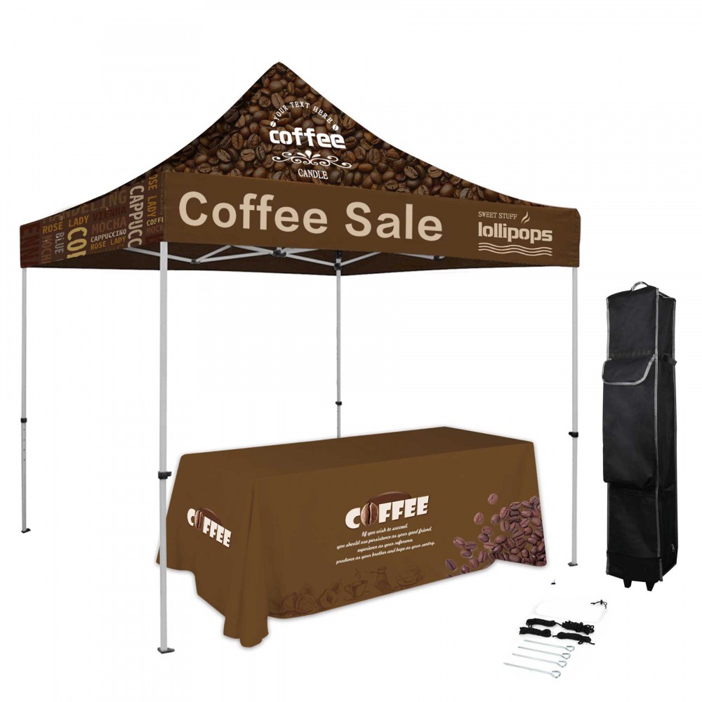 Promotional 10' x 10' Custom Printed Pop up Tent Kit with Table Throw Promotional 10' x 10' Custom Printed Pop up Tent Kit with Table Throw