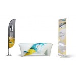 Customized Retractable Banner Indoor Kit w Dye Sub 9ft 2-sided Feather Flag, 6ft Table Cover & Roll-up Banner