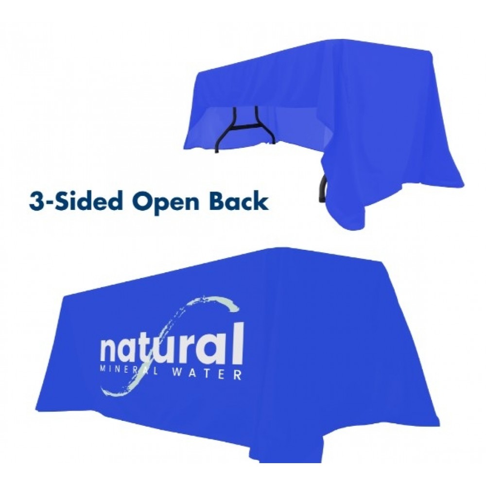 Value - 4 ft. x 30"Top x 29"H - 3 Sided Hemmed Econo Table Throw (Full Coverage Dye Sublimation) with Logo Value - 4 ft. x 30"Top x 29"H - 3 Sided Hemmed Econo Table Throw (Full Coverage Dye Sublimation) with Logo