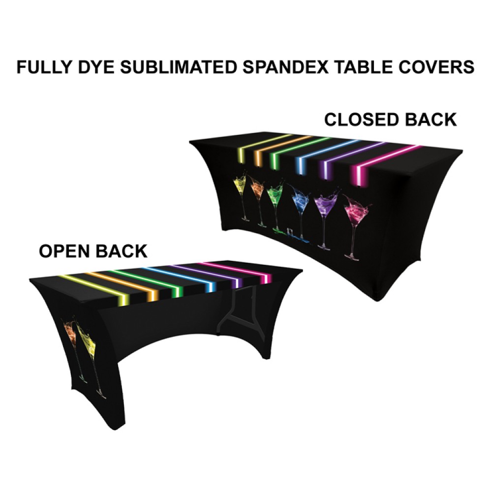 Customized 8' Stretch Table Cover, 3-Sided/Open Back - Fully Dye Sublimated