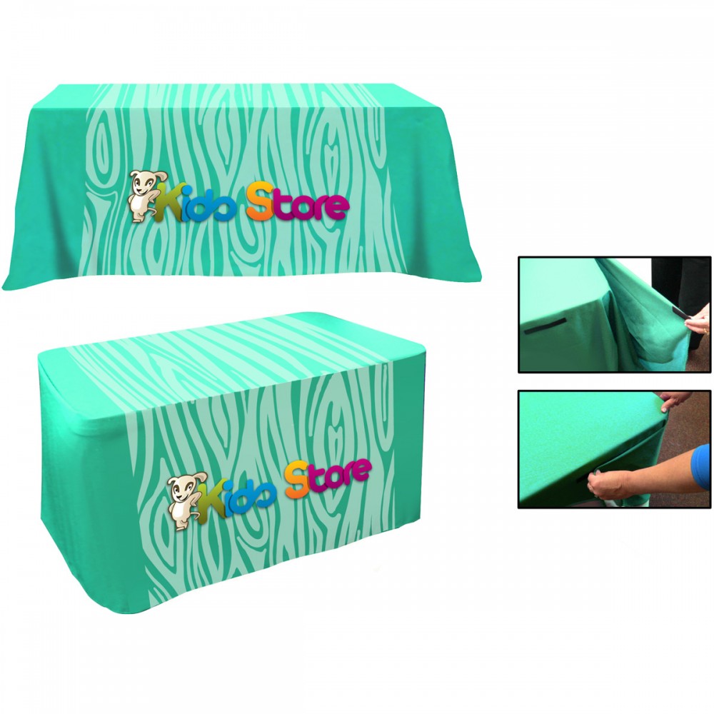 Logo Branded All Over Full Color Dye Sub Convertible Table Cover: 4' fitted to 6' flat Logo Branded All Over Full Color Dye Sub Convertible Table Cover: 4' fitted to 6' flat