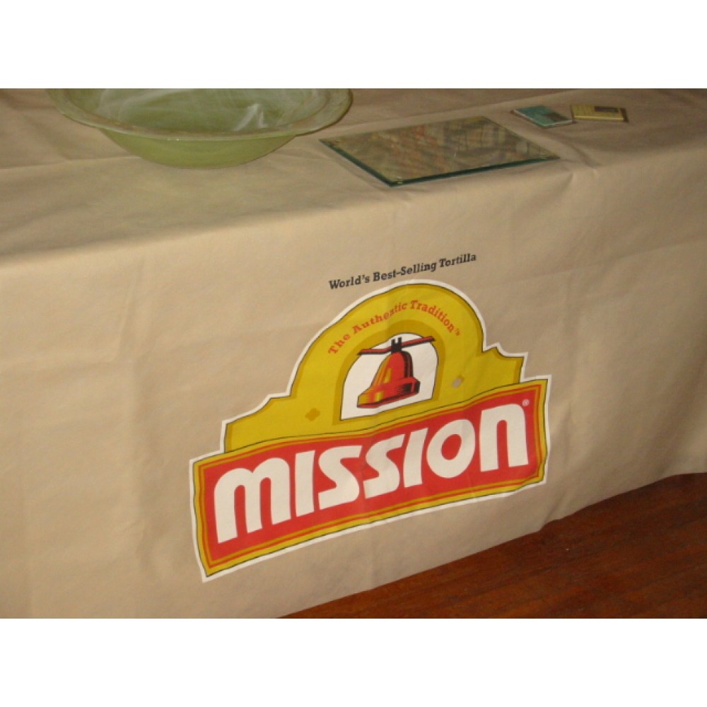 Logo Branded 48"x48" Non-Woven Table Cover with 20" 1-color Silk-Screen Logo Branded 48"x48" Non-Woven Table Cover with 20" 1-color Silk-Screen