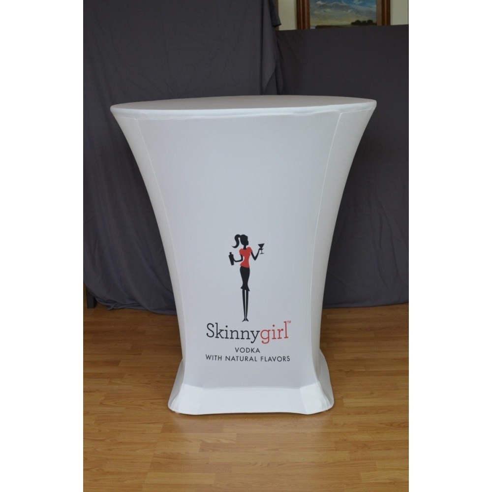 30" Round Spandex Styled Contour Fitted Display Cloth Bistro Height w/ Printed Logo Custom Printed