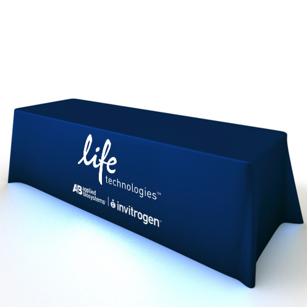 Logo Branded 64"x152" Economy Premium Polyester Twill Tablecloths with 38" Silkscreen Logo Branded 64"x152" Economy Premium Polyester Twill Tablecloths with 38" Silkscreen
