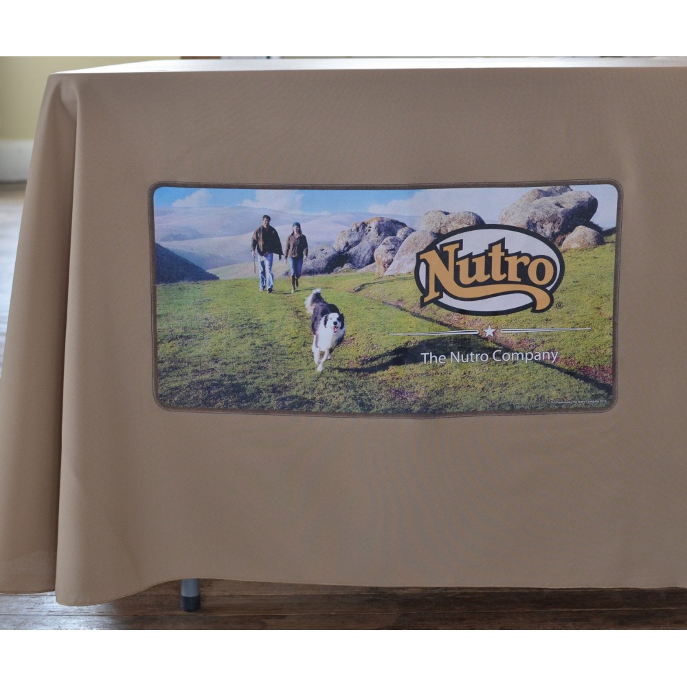 Custom Printed 6' Poly Poplin Tablecloth W/ Front Panel Dye Sub Bistro Height Custom Printed 6' Poly Poplin Tablecloth W/ Front Panel Dye Sub Bistro Height