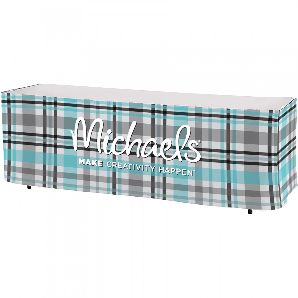 Premium Polyester, All Over Full color Table Skirt, 3 sided 8 Foot with Logo Premium Polyester, All Over Full color Table Skirt, 3 sided 8 Foot with Logo