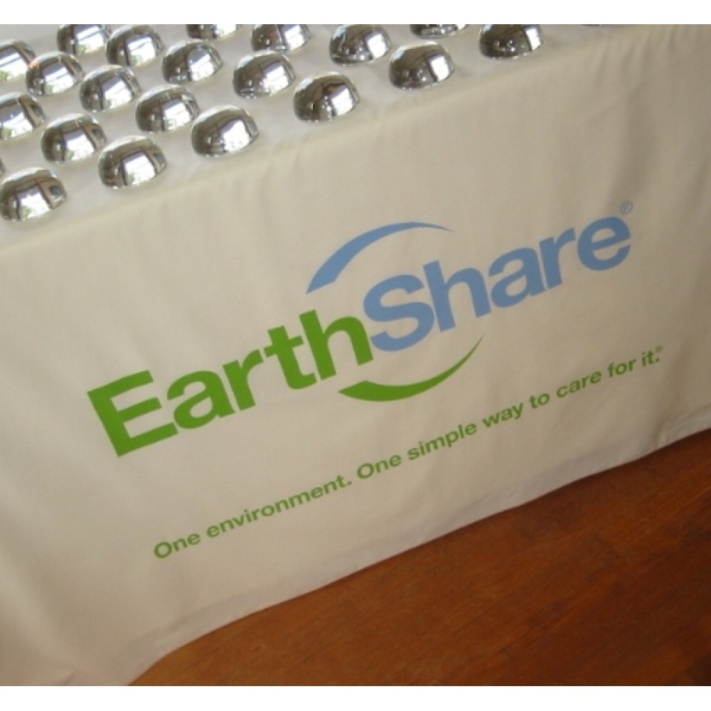 Logo Branded 64"x128" Economy Premium Polyester Twill Tablecloths with 38" Silkscreen Logo Branded 64"x128" Economy Premium Polyester Twill Tablecloths with 38" Silkscreen
