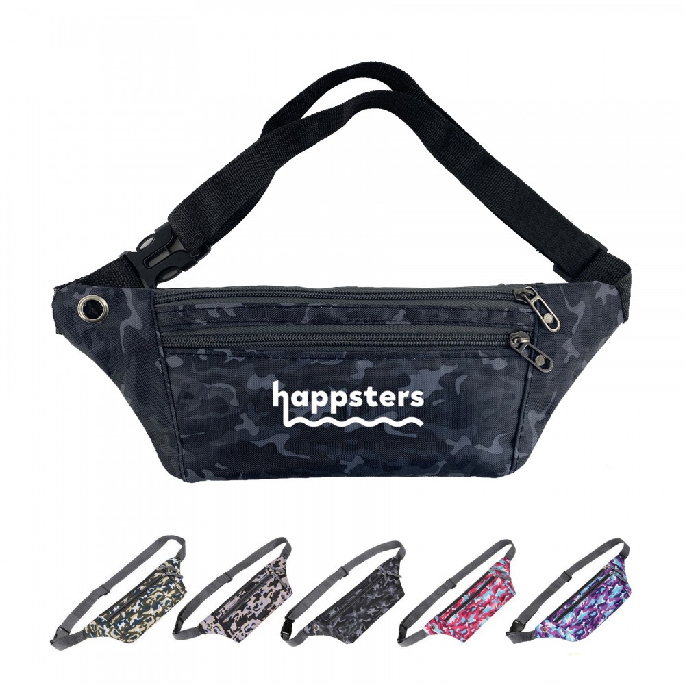 Three Zipper Camo Fanny Pack Logo Branded Three Zipper Camo Fanny Pack Logo Branded