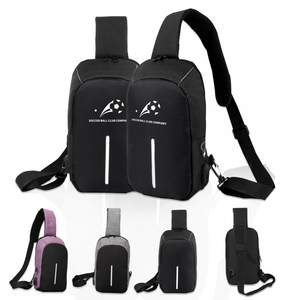 Logo Branded Reflective Sling Bag with USB Charging Port Logo Branded Reflective Sling Bag with USB Charging Port