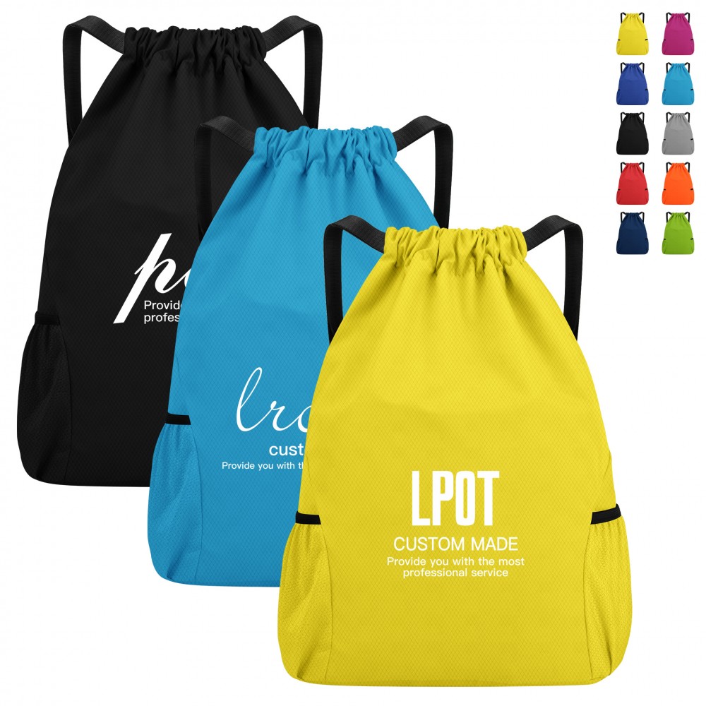 Promotional Large Capacity Waterproof Solid Drawstring Backpack With 2 Mesh Pockets